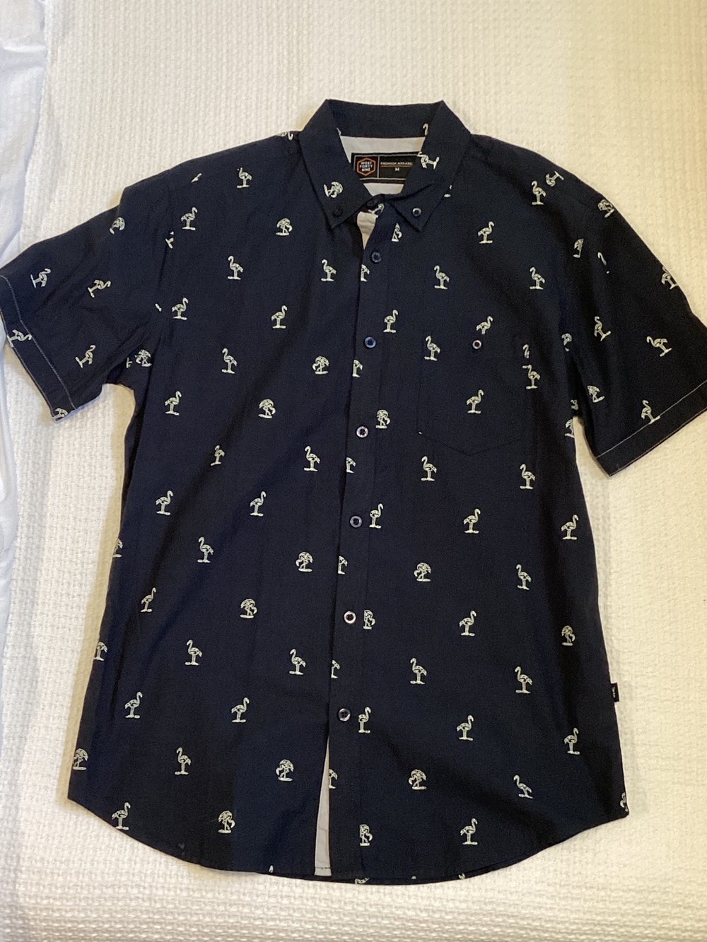 Men's West 49 Short-Sleeve Navy Button-Down Shirt with White Flamingo Print